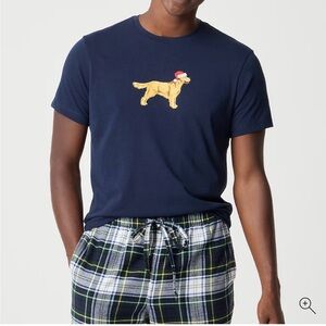 J. Crew Navy Tee with Golden Retriever Graphic and Red Santa Hat